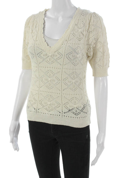 MNG Womens Pullover Sweater V-Neck Geometric Cotton Short Sleeve Ivory Size S