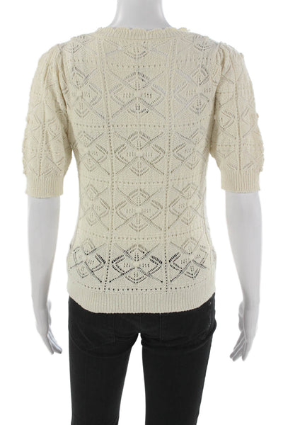 MNG Womens Pullover Sweater V-Neck Geometric Cotton Short Sleeve Ivory Size S