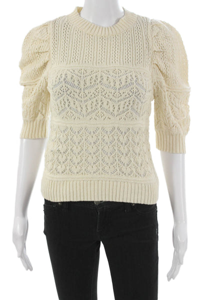MNG Women Beige Cotton Geometric Crew Neck Pullover 3/4 Sleeve Size XS