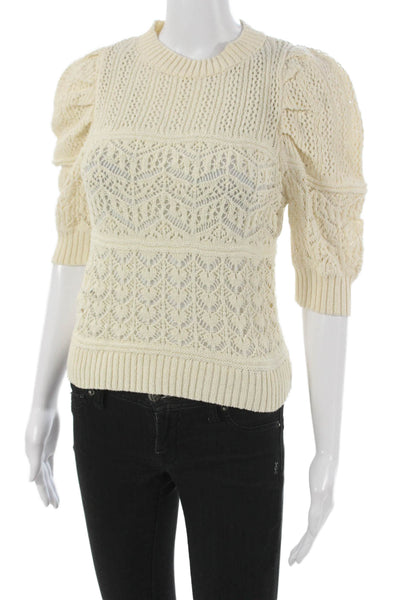 MNG Women Beige Cotton Geometric Crew Neck Pullover 3/4 Sleeve Size XS