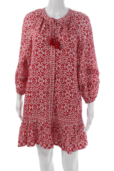 Vineyard Vines Women Shift Dress Red Geometric Cotton 3/4 Sleeve Short Size 2XS