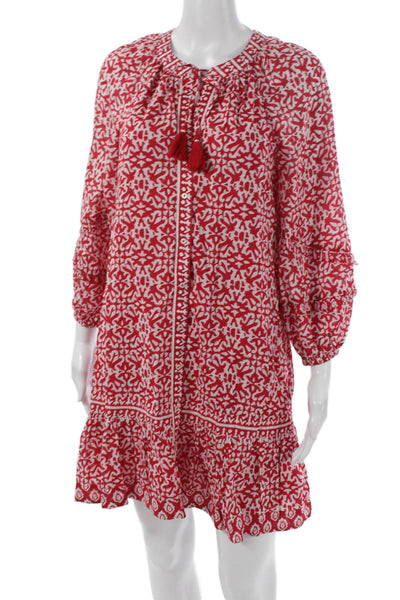 Vineyard Vines Women Shift Dress Red Geometric Cotton 3/4 Sleeve Short Size 2XS