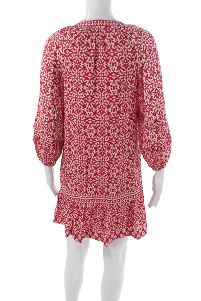 Vineyard Vines Women Shift Dress Red Geometric Cotton 3/4 Sleeve Short Size 2XS