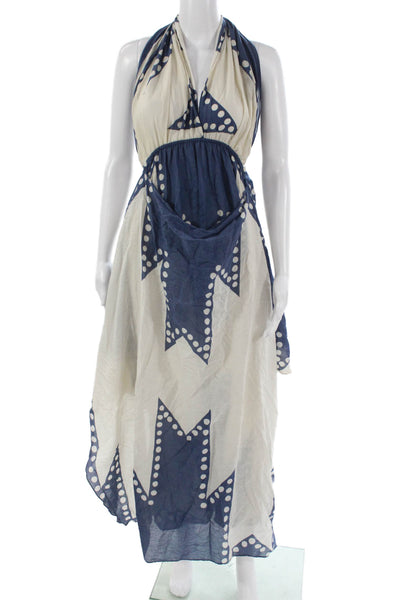 Johanna Ortiz Womens Blue Cotton Polka Dot Halter Sleeveless Maxi Dress Size 4