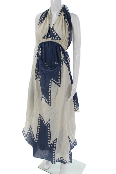 Johanna Ortiz Womens Blue Cotton Polka Dot Halter Sleeveless Maxi Dress Size 4