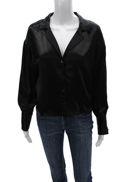 Zara Women Black Collared Viscose Button Front Long Sleeve Basic Blouse Size M