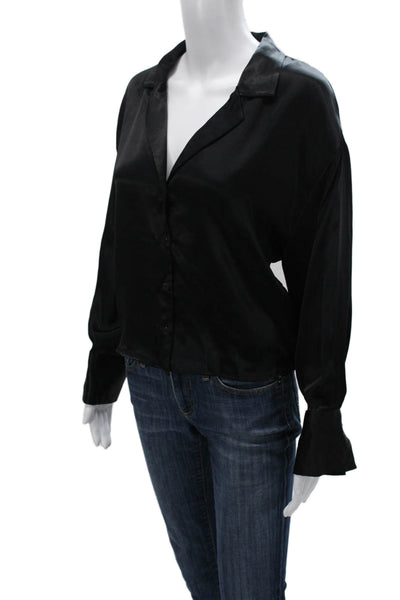 Zara Women Black Collared Viscose Button Front Long Sleeve Basic Blouse Size M
