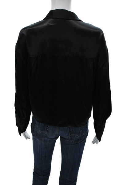 Zara Women Black Collared Viscose Button Front Long Sleeve Basic Blouse Size M