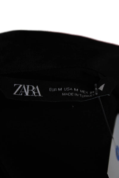 Zara Women Black Collared Viscose Button Front Long Sleeve Basic Blouse Size M