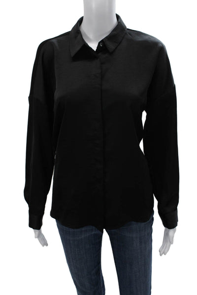 Zara Women Basic Button-Up Blouse Black Collared Long Sleeve Polyester Size M