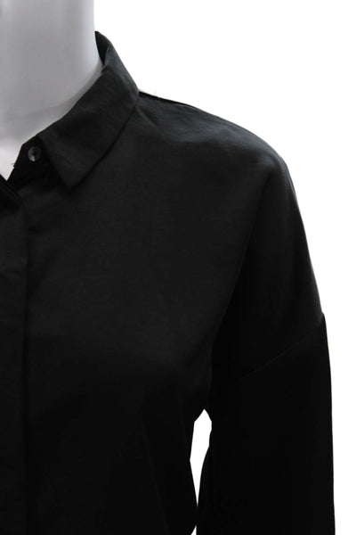 Zara Women Basic Button-Up Blouse Black Collared Long Sleeve Polyester Size M