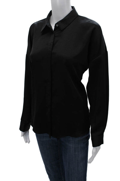 Zara Women Basic Button-Up Blouse Black Collared Long Sleeve Polyester Size M