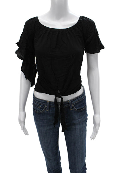 Elan Womens Cropped Blouse Black Scoop Neck Tie Rayon Blend Size L