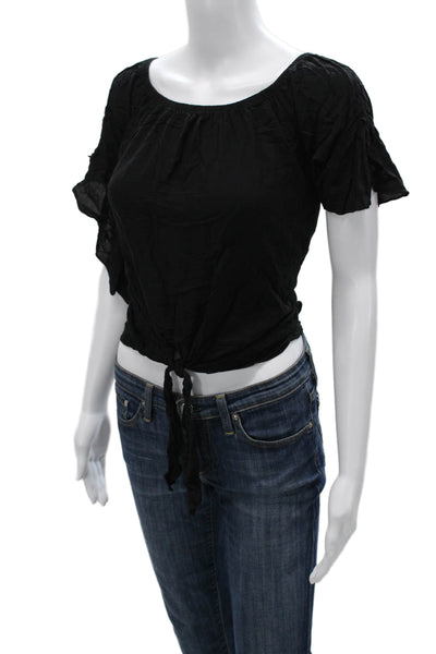Elan Womens Cropped Blouse Black Scoop Neck Tie Rayon Blend Size L