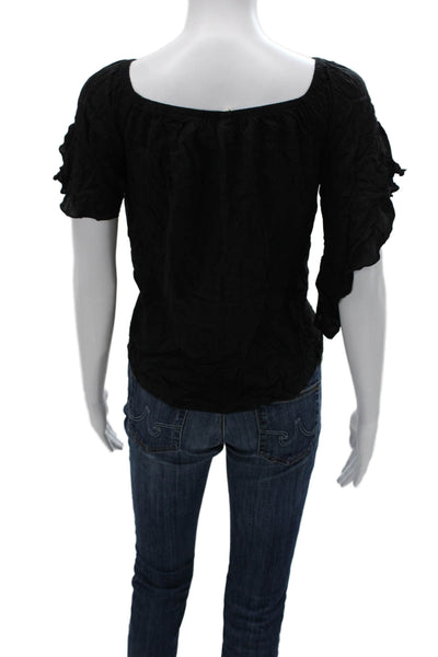 Elan Womens Cropped Blouse Black Scoop Neck Tie Rayon Blend Size L