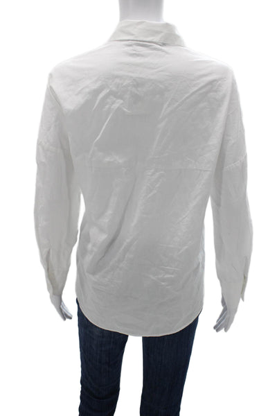Zara Women Basic Button Up Collared Cotton Long Sleeve White Top Size M