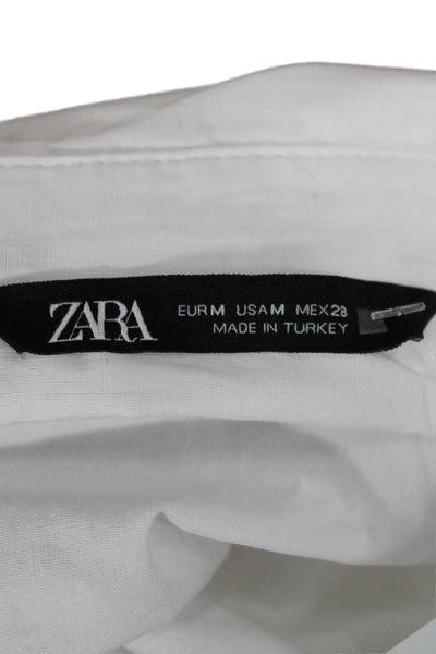 Zara Women Basic Button Up Collared Cotton Long Sleeve White Top Size M