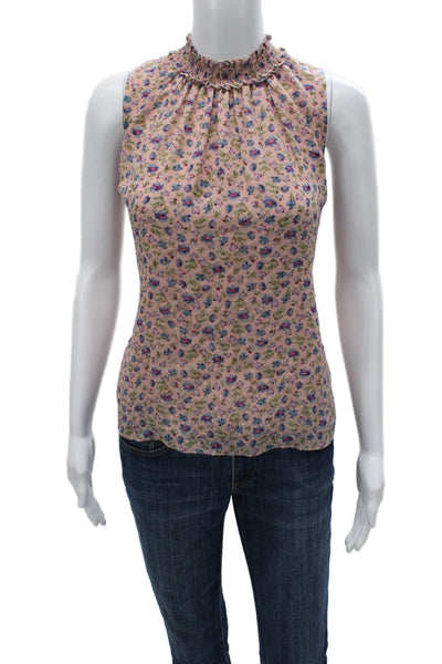 Rebecca Taylor Womens Sleeveless Silk High Neck Floral Blouse Pink Size 4
