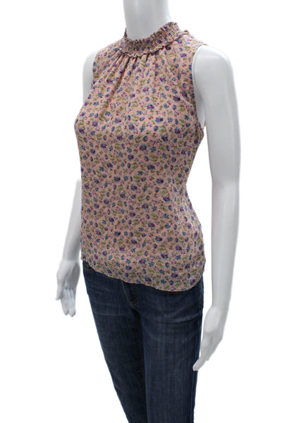 Rebecca Taylor Womens Sleeveless Silk High Neck Floral Blouse Pink Size 4