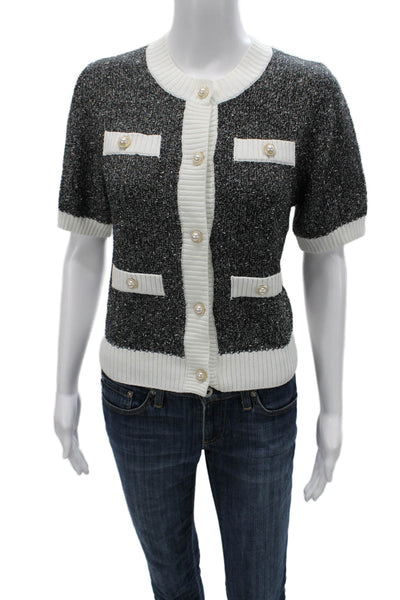 Urban Revivo Women Black Acrylic Round Neck Solid Short Sleeve Cardigan Size L