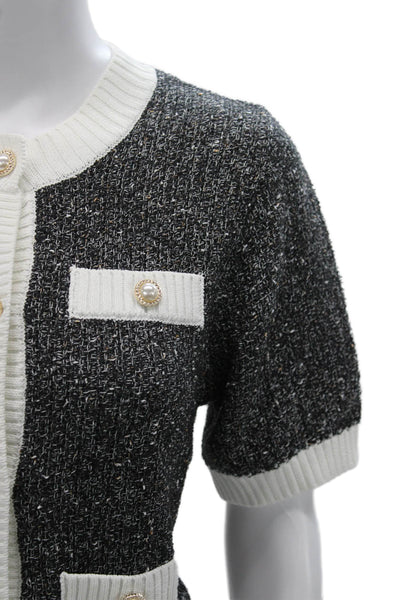 Urban Revivo Women Black Acrylic Round Neck Solid Short Sleeve Cardigan Size L