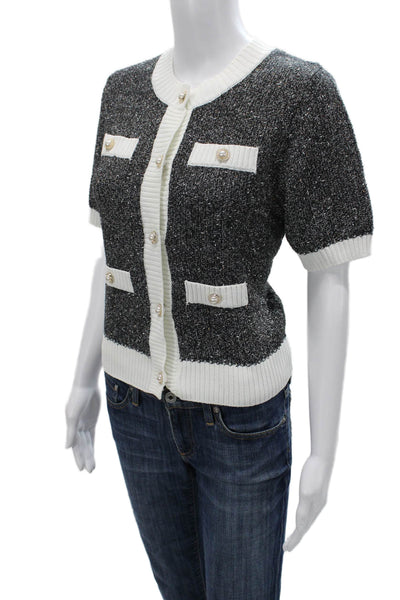 Urban Revivo Women Black Acrylic Round Neck Solid Short Sleeve Cardigan Size L