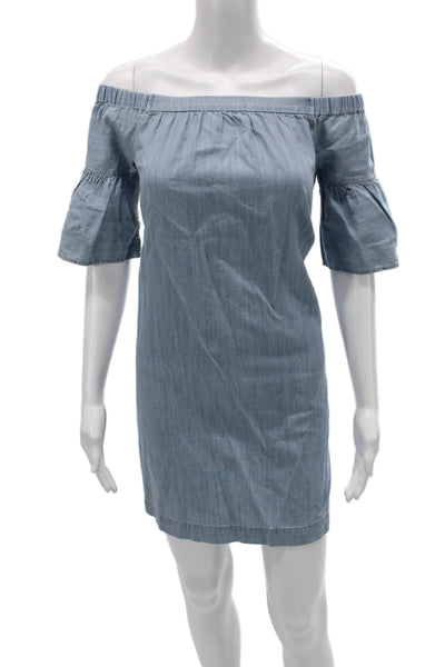 Madewell Women Shift Dress Blue Off the Shoulder Half Sleeve Cotton Size XS