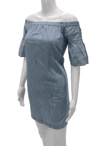 Madewell Women Shift Dress Blue Off the Shoulder Half Sleeve Cotton Size XS