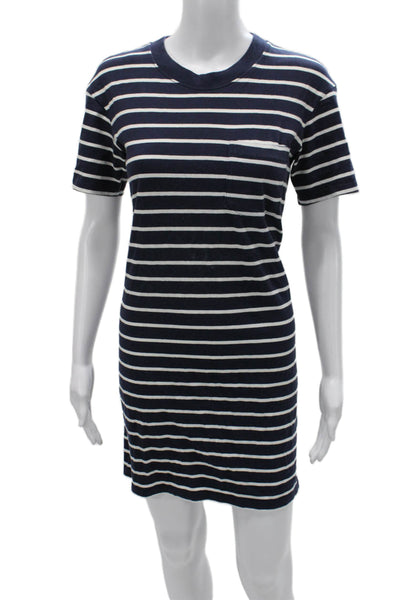 Madewell Women T-Shirt Dress Blue Striped Cotton Crew Neck Short Sleeve Size XS