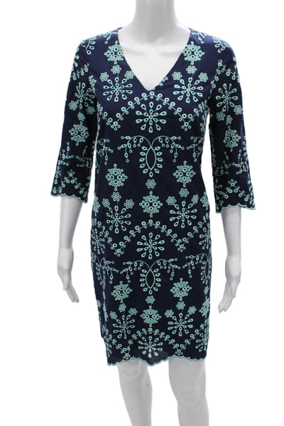 STS Sail To Sable Women Shift Dress Blue Geometric V-Neck 3/4 Sleeve Size XS