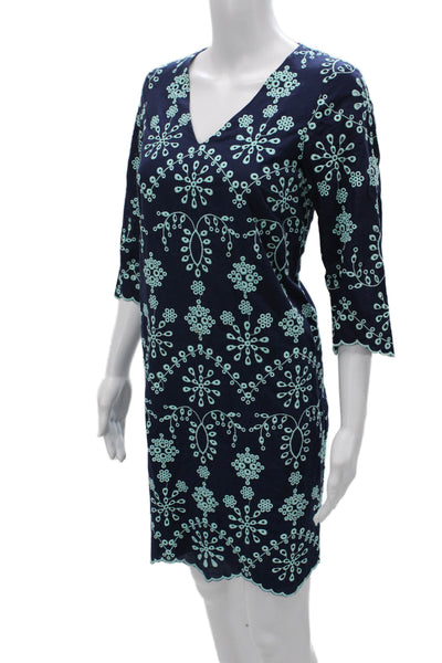 STS Sail To Sable Women Shift Dress Blue Geometric V-Neck 3/4 Sleeve Size XS