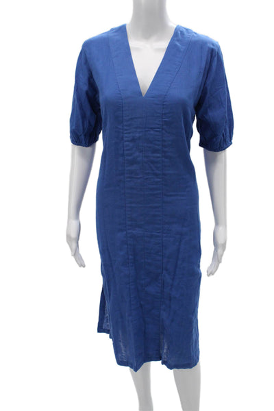 Lake Women Shift Dress Blue Cotton V-Neck Half Sleeve Midi Size XS