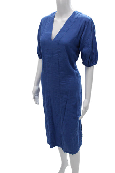 Lake Women Shift Dress Blue Cotton V-Neck Half Sleeve Midi Size XS