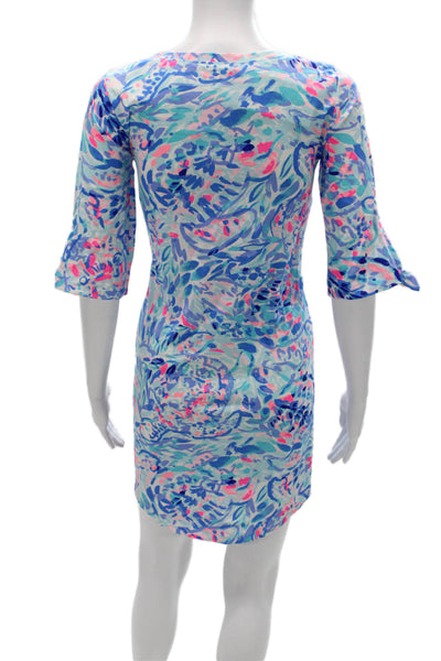 Lilly Pulitzer Women Shift Floral Multicolor 3/4 Sleeve Cotton Dress Size XS