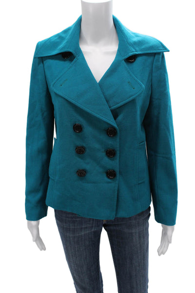 Christian Ruperto Women Pea Coat Blue Wool Button Long Sleeve Size 8