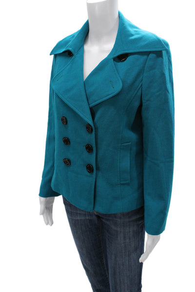 Christian Ruperto Women Pea Coat Blue Wool Button Long Sleeve Size 8
