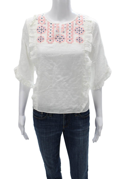 Madewell Women Basic Geometric Cotton Round Neck 3/4 Sleeve Blouse Size S