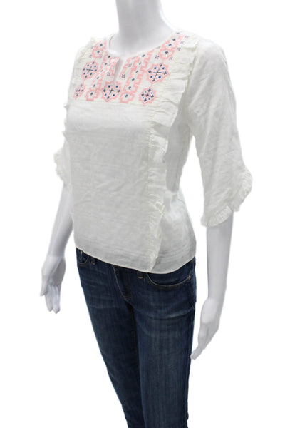 Madewell Women Basic Geometric Cotton Round Neck 3/4 Sleeve Blouse Size S