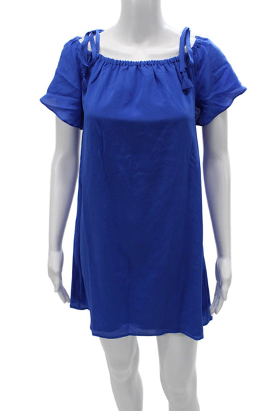 Madewell Womens Silk Off Shoulder Shift Dress Blue Short Sleeve Size XS