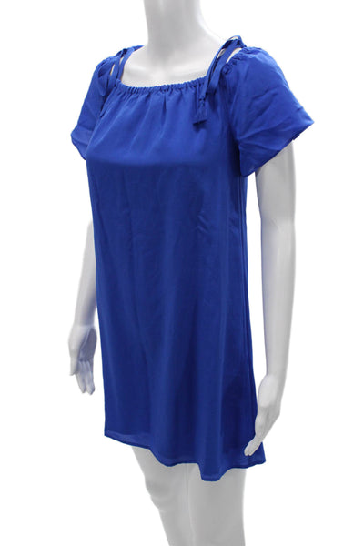 Madewell Womens Silk Off Shoulder Shift Dress Blue Short Sleeve Size XS