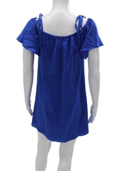 Madewell Womens Silk Off Shoulder Shift Dress Blue Short Sleeve Size XS