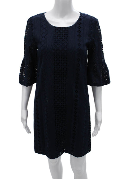 J Crew Womens Shift Dress Blue Geometric 3/4 Sleeve Knee Length Size 0