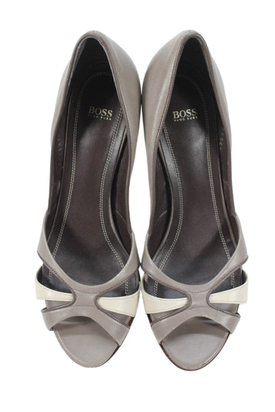 Boss Hugo Boss Womens Leather Open Toe Pumps Grey Ivory Size 36.5 6.5