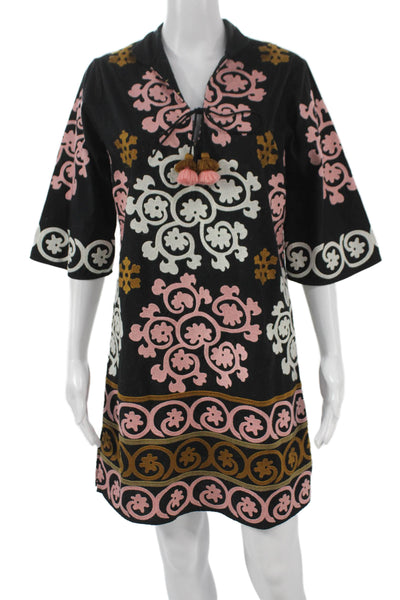 Figue Womens Black Floral Shift Dress V-Neck Tie Half Sleeve Cotton Size S