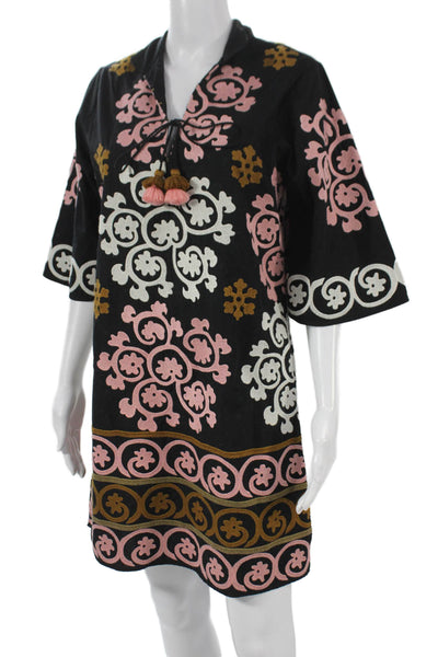 Figue Womens Black Floral Shift Dress V-Neck Tie Half Sleeve Cotton Size S