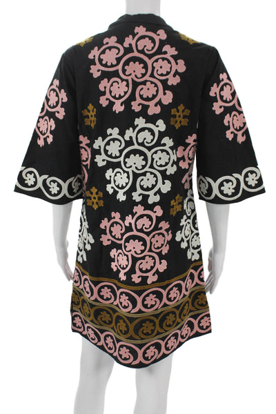 Figue Womens Black Floral Shift Dress V-Neck Tie Half Sleeve Cotton Size S
