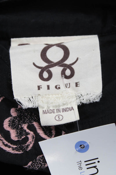 Figue Womens Black Floral Shift Dress V-Neck Tie Half Sleeve Cotton Size S