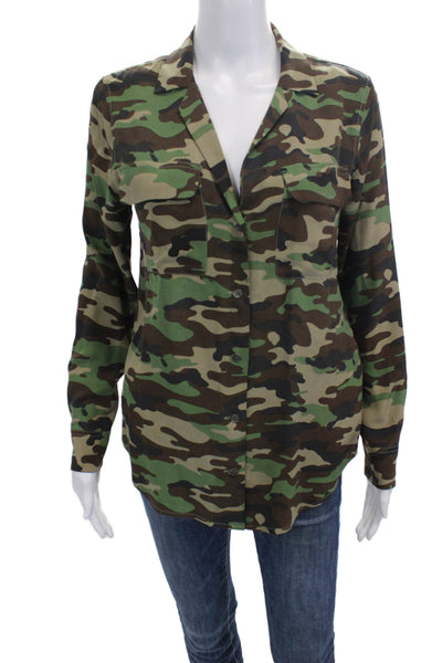 Equipment Femme Women Silk Camo Button-Up Long Sleeve Top Green Size XS