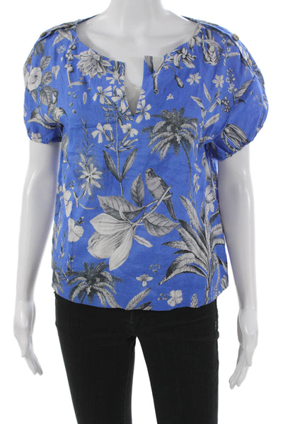 J Crew Women Linen V Neck Floral Blouse Short Sleeve Blue Pullover Size XS