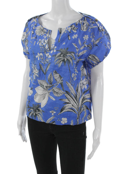 J Crew Women Linen V Neck Floral Blouse Short Sleeve Blue Pullover Size XS